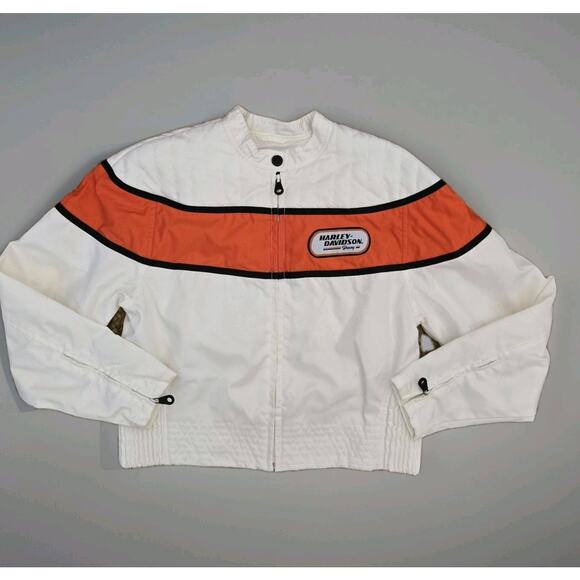 HARLEY DAVIDSON Racing Motor Cycles Cream Nylon Biker Jacket Coat Medium‎ - Picture 1 of 8